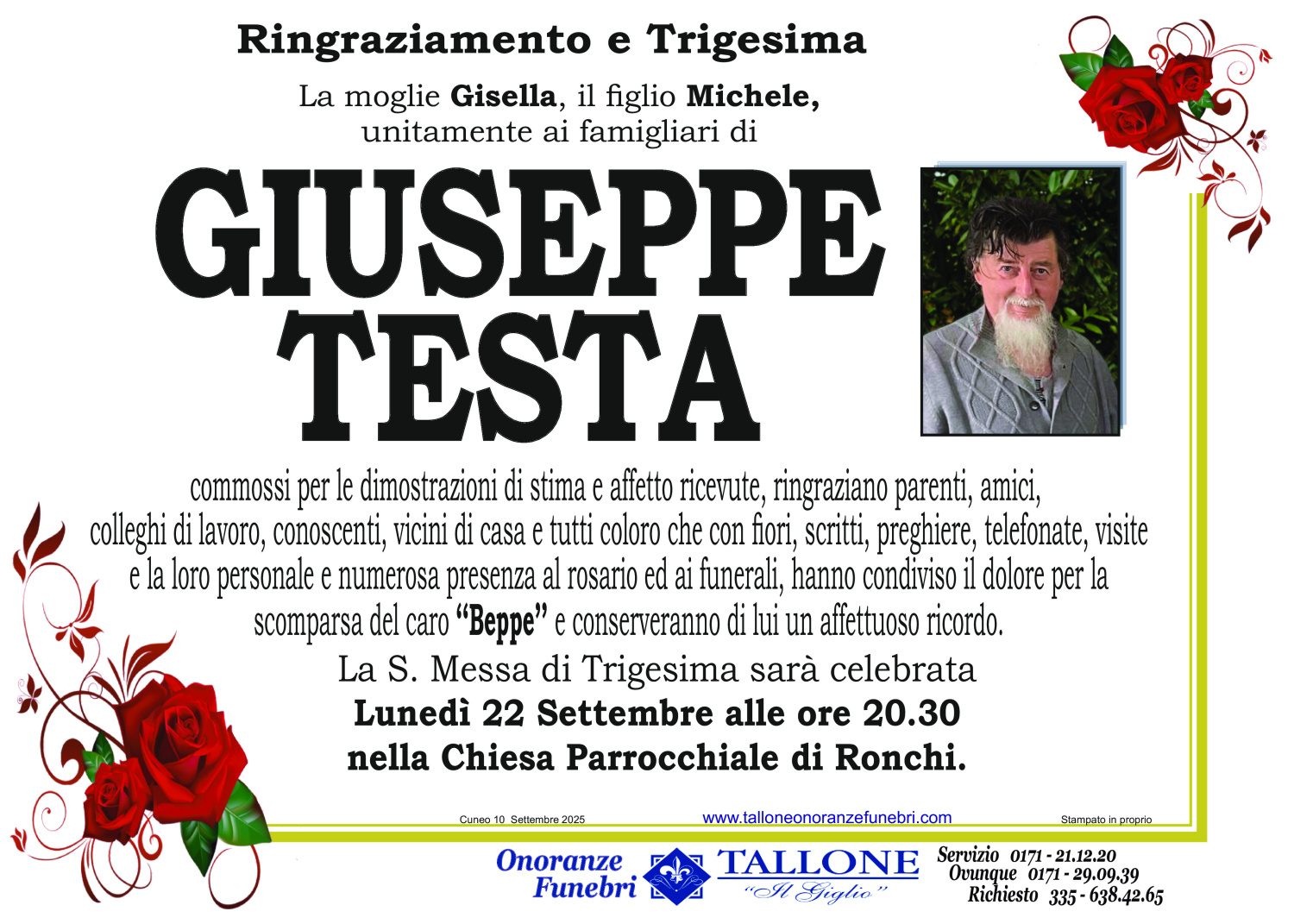 <br />
<b>Warning</b>:  Undefined variable $info in <b>/home/tallone/public_html/ringraziamenti.php</b> on line <b>68</b><br />
Giuseppe Testa